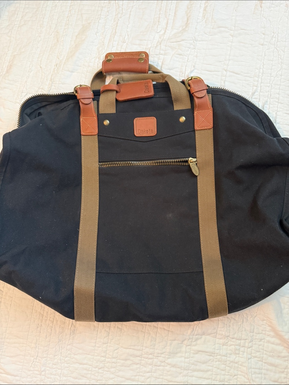 Dakota by Tumi Black Duffel with Brown Leather Accents and Tan Straps